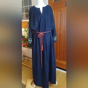 Vintage 70s Navy Velvet Maxi with Embroidered Sleeves